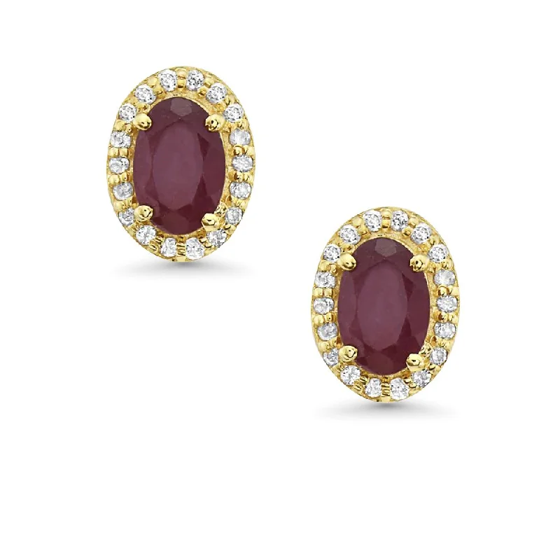 Hoop earrings with luxe velvet finishes for a rich and luxurious touch-Red Ruby Oval Shape Halo Diamonds Studs Earrings (1.40 ct.) in 14K Gold