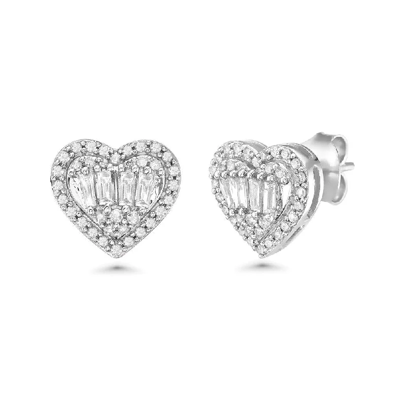 Best hoop earrings with satin ribbons for a soft, feminine appearance-Diamond Double Halo Baguette Heart Shape Studs Earrings (0.75 ct.) in 14K Gold