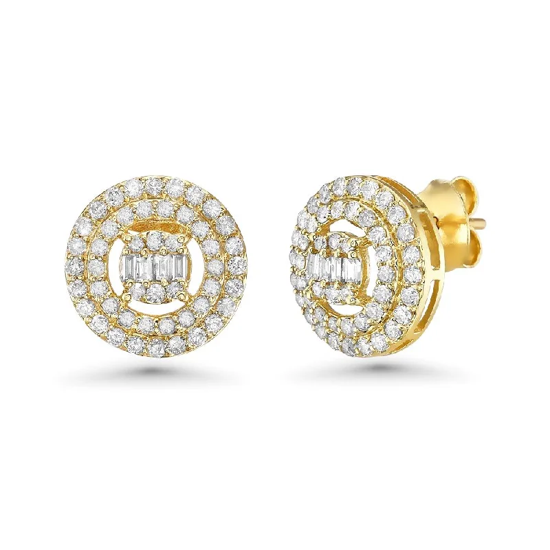 Hoop earrings with satin finishes for a smooth and elegant appearance-Diamond Double Halo & Baguette Round Shape Studs Earrings (0.95 ct.) in 14K Gold