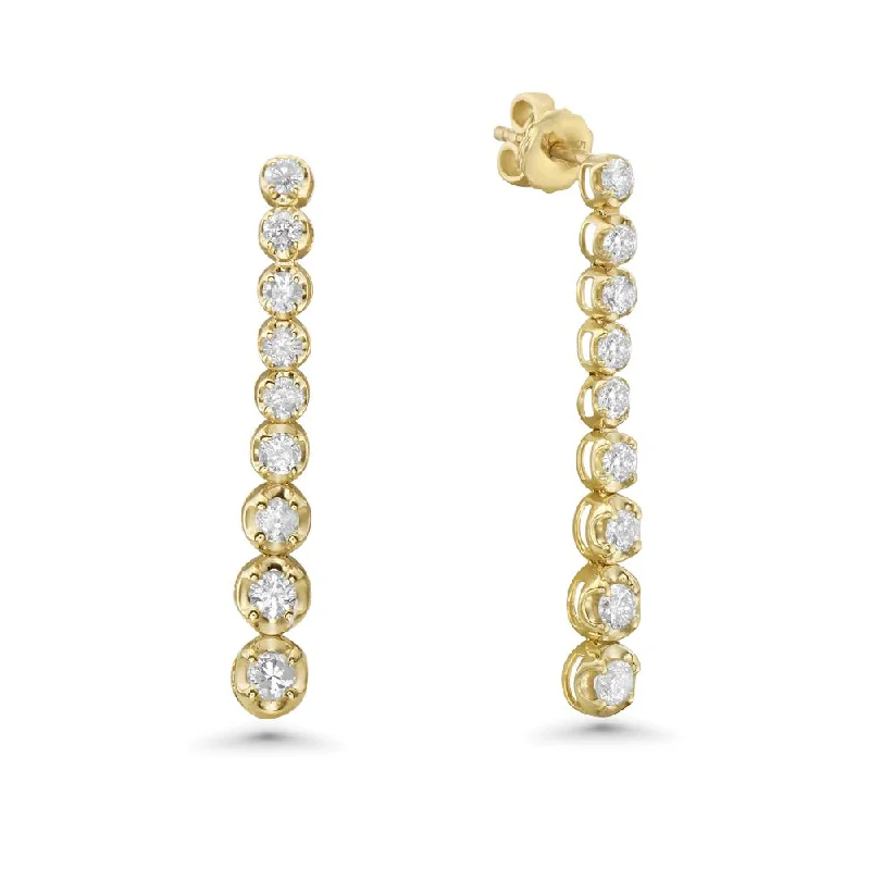 Hoop earrings with faceted crystals for added sparkle and shine-Graduated Diamond In Line 1" Long Tennis Earrings (0.95 ct.) Buttercup Setting in 14K Gold