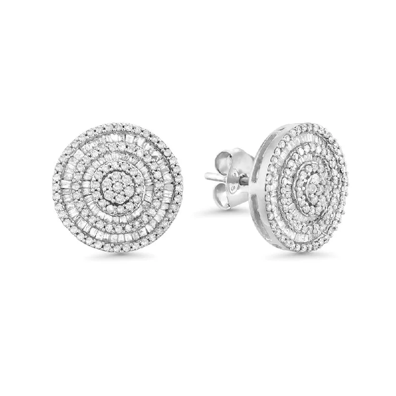 Best hoop earrings with geometric shapes for a modern and artistic appeal-Triple Halo Baguette & Round Diamond Studs Earrings 0.50" Diameter (1.00 ct.) in 14K Gold