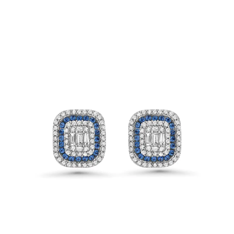 Hoop earrings with colorful beads for a fun and playful vibe-Triple Halo Diamonds & Blue Sapphire Rectangular Shape Studs Earrings (1.00 ct.) in 14K Gold