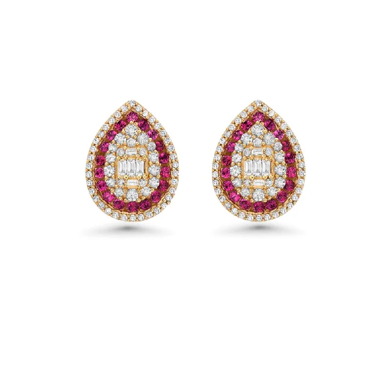 Best hoop earrings with detachable studs for a versatile and adjustable accessory-Triple Halo Diamonds & Rubies Pear Shape Studs Earring (1.45 ct.) in 14K Gold