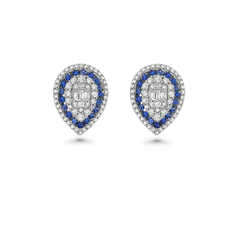 Hoop earrings with abstract wirework for an artistic, unique look-Triple Halo Diamond & Sapphires Pear Shape Studs Earrings (1.00 ct.) 14K Gold