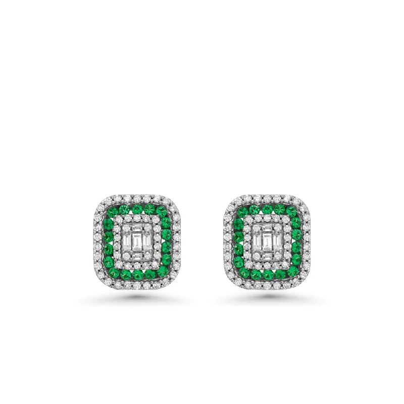 Hoop earrings with pearl accents for a chic and classic style-Triple Halo Diamonds & Emerald Rectangular Shape Studs Earrings (1.00 ct.) in 14K Gold