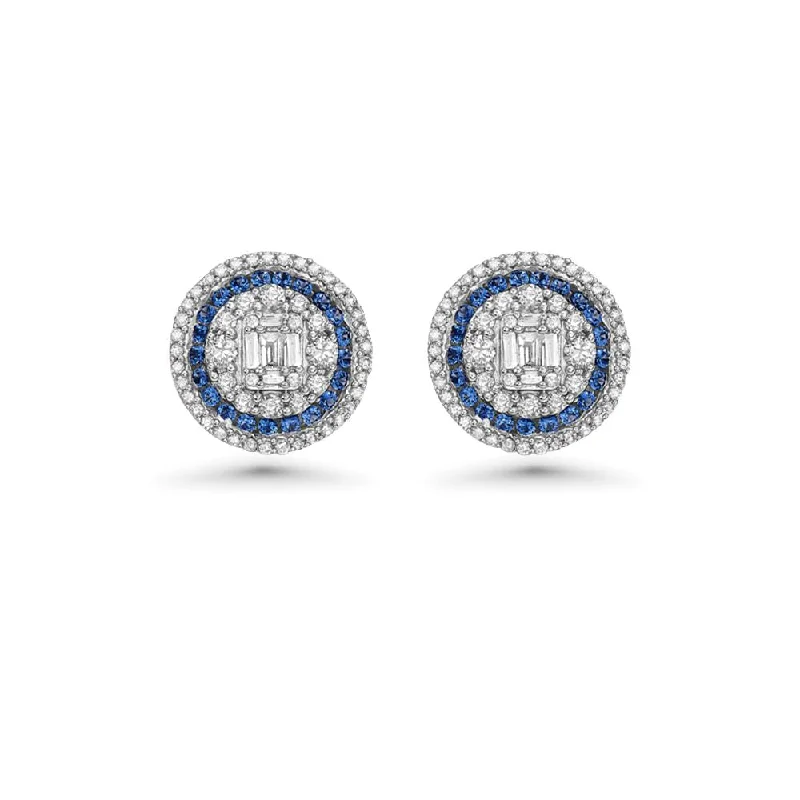 Best hoop earrings with braided leather for a rustic, stylish finish-Triple Halo Diamonds & Blue Sapphires Round Shape Studs Earrings (1.00 ct.) in 14K Gold