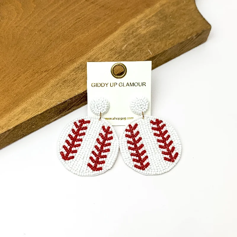 Hoop earrings with luxe velvet finishes for a rich and luxurious touch-Baseball Circular Beaded Earrings in White and Maroon