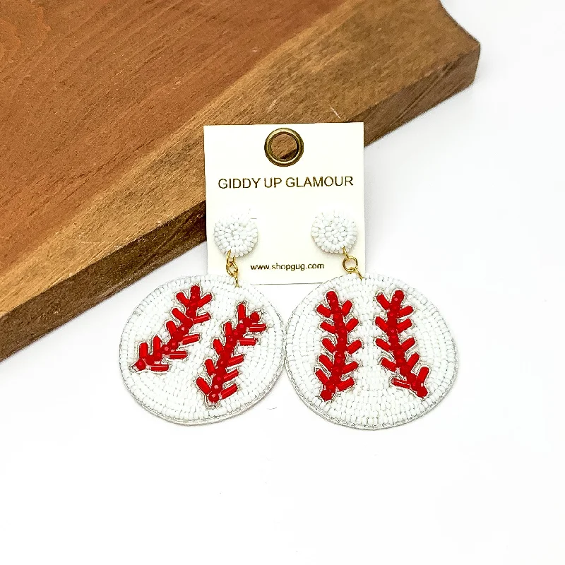 Hoop earrings with colorful beads for a fun and playful vibe-Baseball Circular Beaded Earrings in White and Red