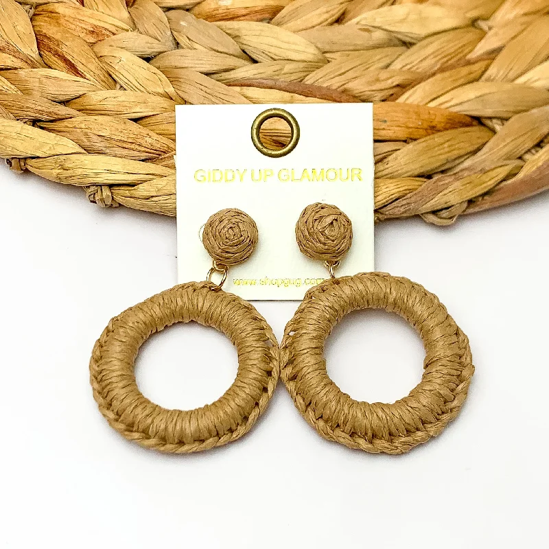 Hoop earrings with hammered copper for a warm and rustic aesthetic-Beachside Café Raffia Wrapped Circle Earrings in Brown