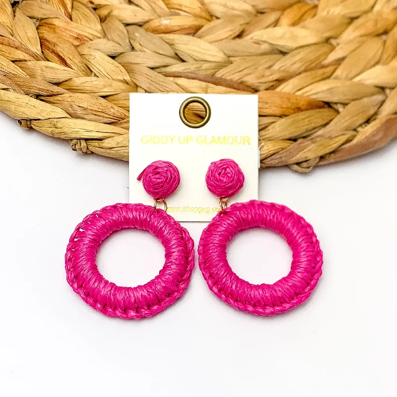 Hoop earrings with colorful beads for a fun and playful vibe-Beachside Café Raffia Wrapped Circle Earrings in Fuchsia Pink