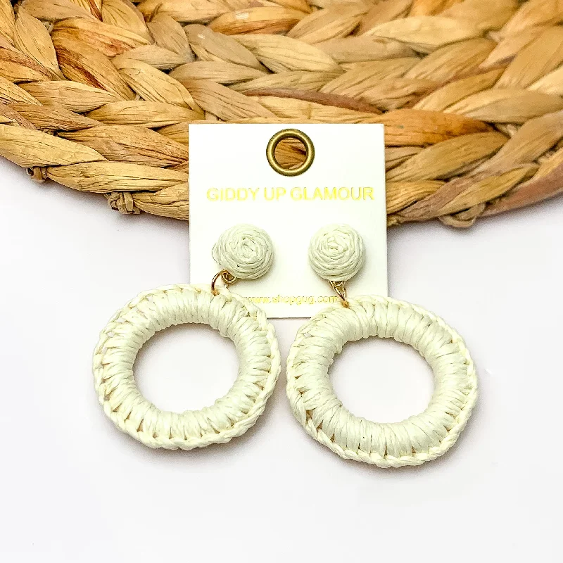 Hoop earrings with rhinestone-studded rims for a glamorous touch-Beachside Café Raffia Wrapped Circle Earrings in Ivory White