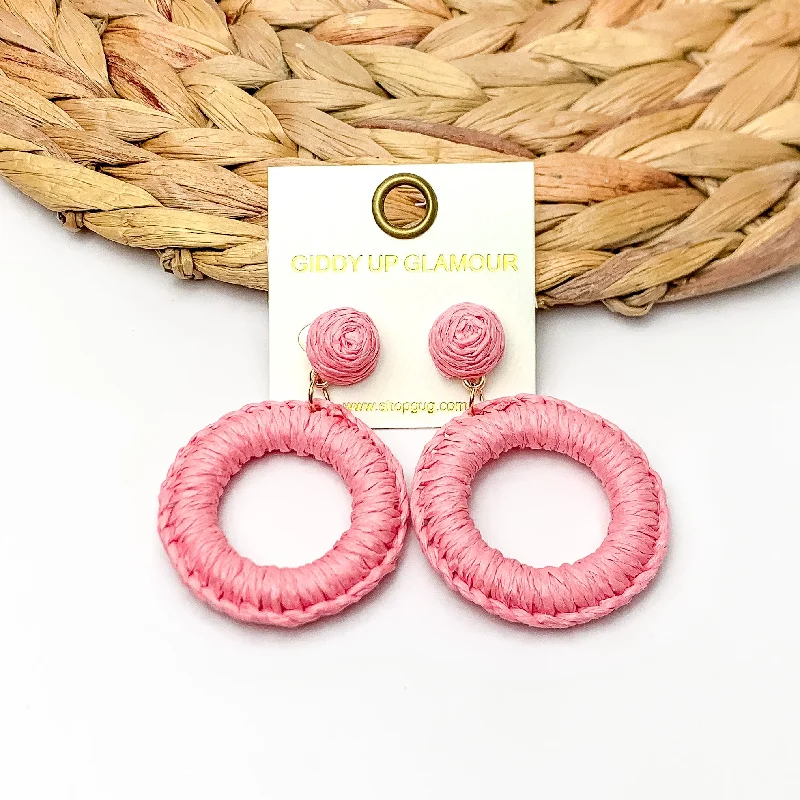 Best hoop earrings with snake-inspired designs for an edgy and fierce vibe-Beachside Café Raffia Wrapped Circle Earrings in Light Pink