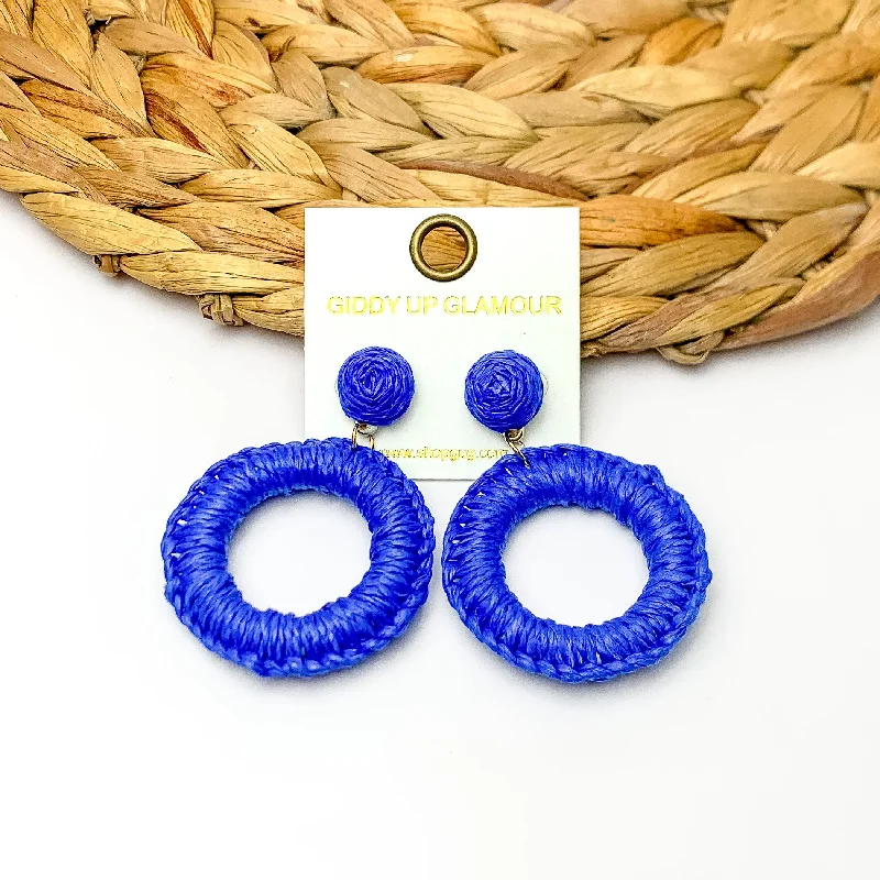 Best hoop earrings with cubic zirconia for a budget-friendly, dazzling look-Beachside Café Raffia Wrapped Circle Earrings in Royal Blue