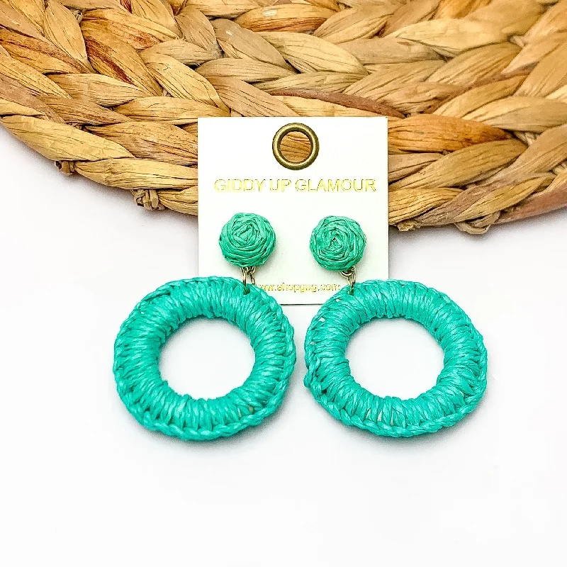 Hoop earrings with cut-out designs for a creative and lightweight effect-Beachside Café Raffia Wrapped Circle Earrings in Turquoise Green