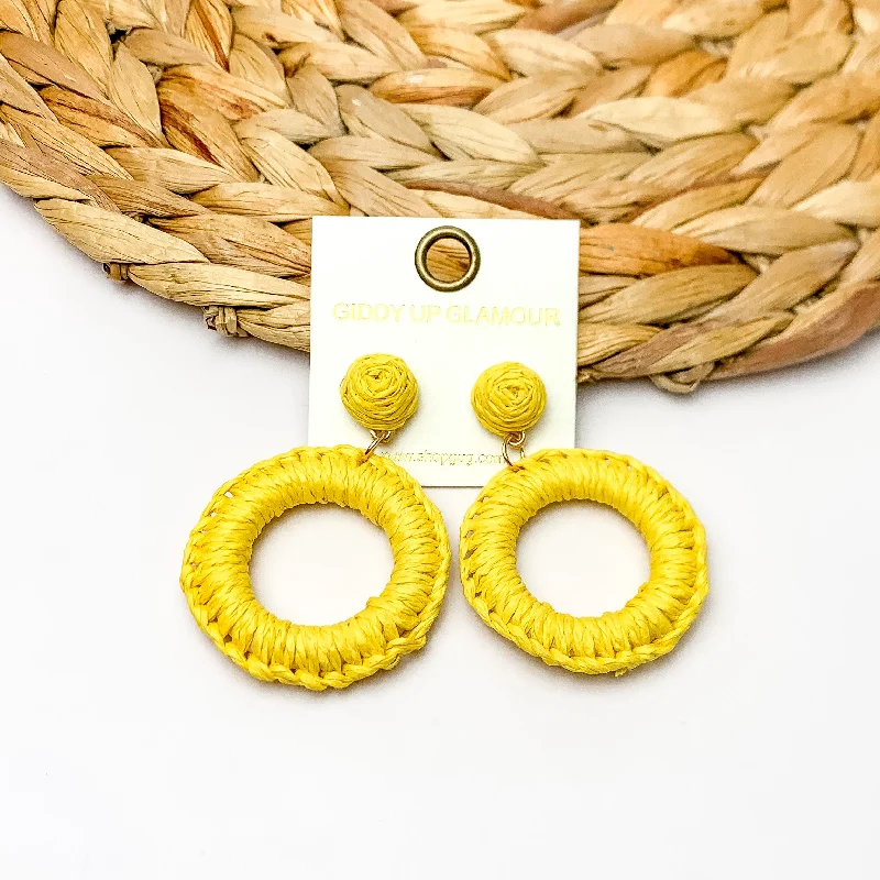 Hoop earrings with intricate designs for a unique and artistic appearance-Beachside Café Raffia Wrapped Circle Earrings in Yellow