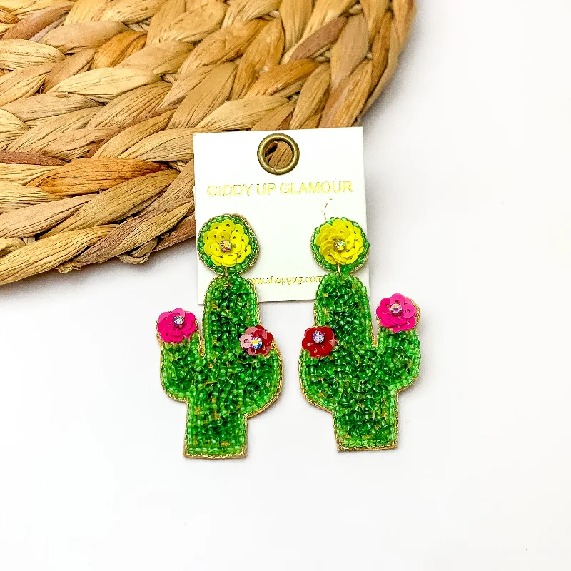 Best hoop earrings with vintage coins for a retro, antique-inspired style-Beaded Cactus Earrings With Multicolor Flowers in Green