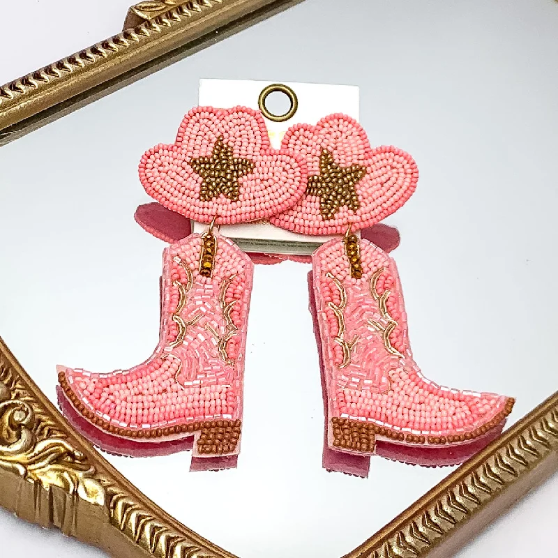 Large hoop earrings for a bold and statement-making fashion accessory-Beaded Cowboy Hat and Boot Earrings with Gold Star in Pink