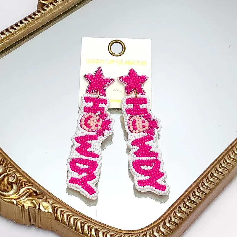 Best hoop earrings with custom designs for a personalized, unique accessory-Beaded Howdy Earrings With Star Posts In Hot Pink