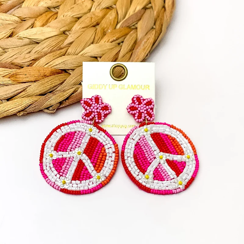 Best hoop earrings with blackened metal for an edgy and bold appearance-Beaded Peace sign Earrings With Star Post in Fuchsia Pink