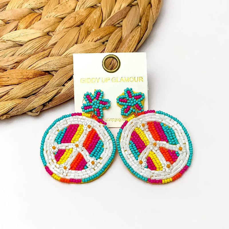 Hoop earrings with hearts for a sweet and romantic gesture-Beaded Peace sign Earrings With Star Post in Multicolor