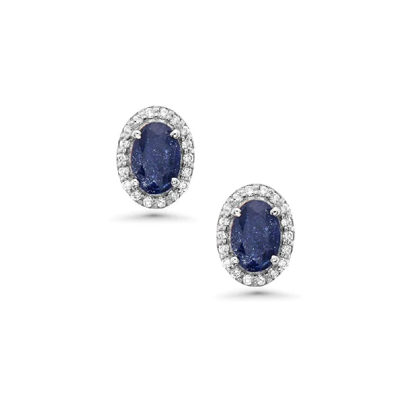 Best hoop earrings with gold for a luxurious and timeless look-Blue Sapphire Oval Shape Halo Diamonds Studs Earrings (1.60 ct.) in 14K Gold