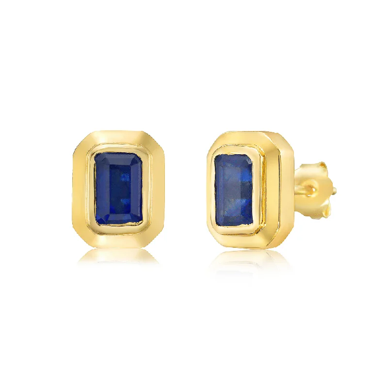 Best hoop earrings with crescent-shaped designs for a bold, moon-inspired style-Blue Sapphire Rectangular Shape Studs Bezel Setting Earrings (1.75 ct.) in 14K Gold