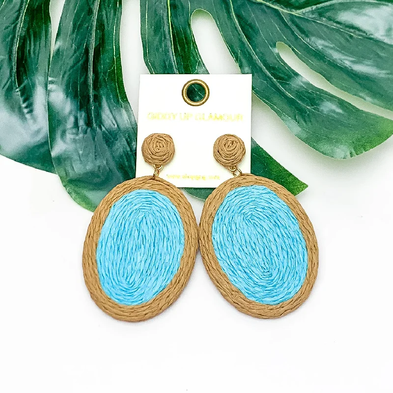 Hoop earrings with hearts for a sweet and romantic gesture-Brunch Bash Raffia Wrapped Oval Earrings in Light Blue