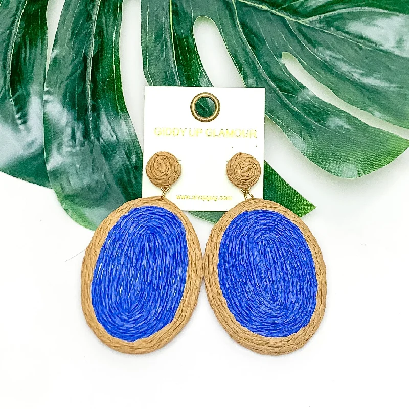 Best hoop earrings with multi-colored gemstones for a vibrant and lively touch-Brunch Bash Raffia Wrapped Oval Earrings in Royal Blue