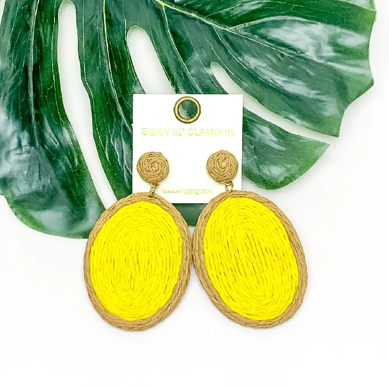 Hoop earrings with stacked layers for a bold and textured design-Brunch Bash Raffia Wrapped Oval Earrings in Yellow