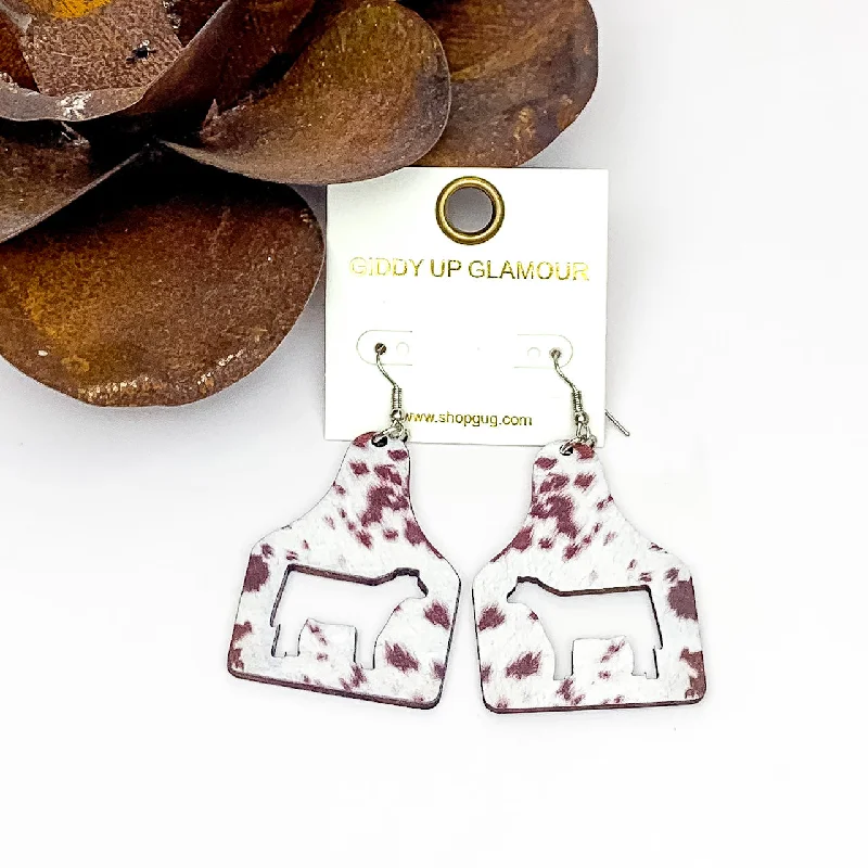 Hoop earrings with stacked layers for a bold and textured design-Cattle Tag Wooden Earrings in Cow Print