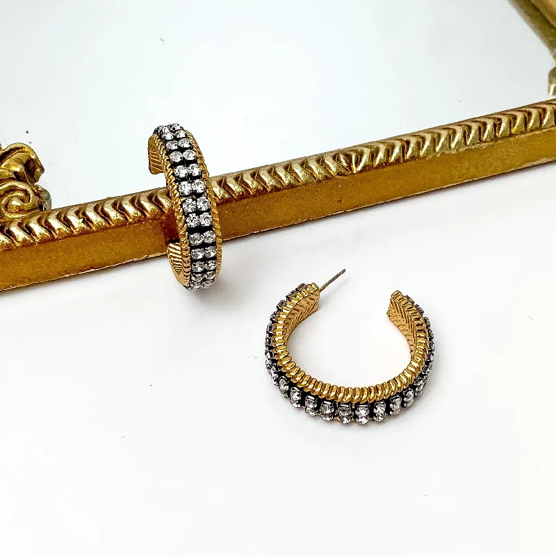 Classic hoop earrings with a thin profile for a sleek and subtle style-Clear Crystal Inlay and Gold Tone Hoop Earrings with Black Setting