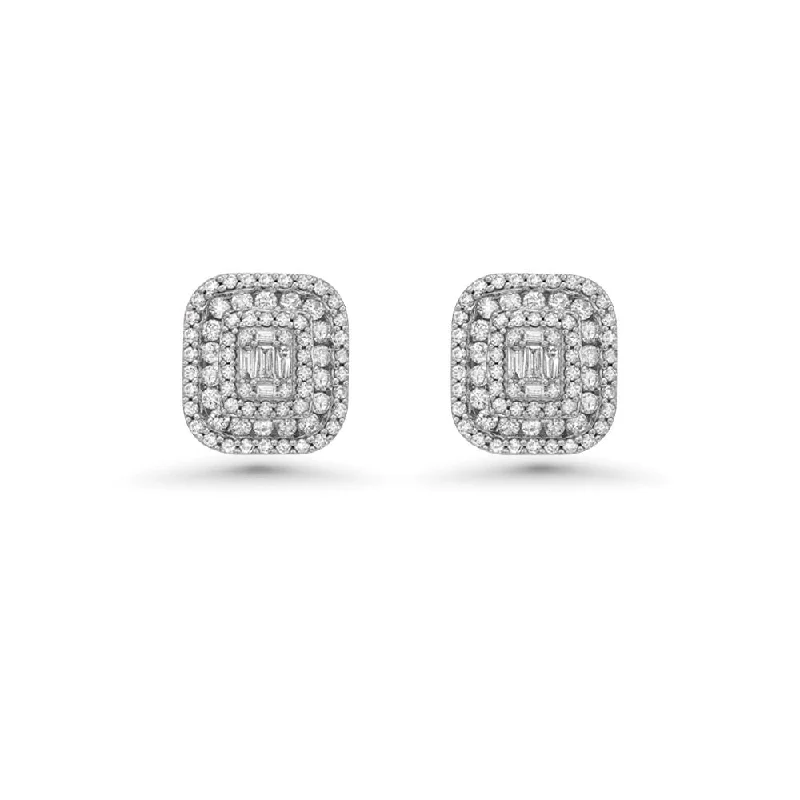 Best hoop earrings with stacked layers for a dimensional and bold look-Triple Halo Diamond Rectangular Shape Studs Earrings (2.00 ct.) in 14K Gold