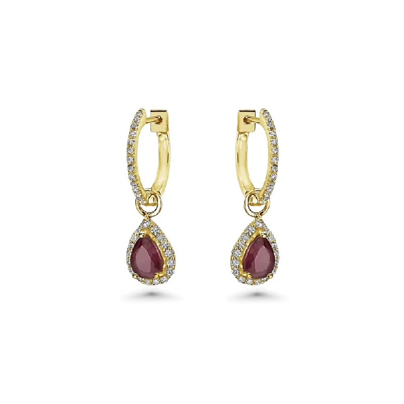 Best hoop earrings with matte finish for a sophisticated, understated design-Diamond Hoop & Dangle Red Ruby Pear Shape With Diamond Halo Earrings (1.69 ct.) in 14K Gold