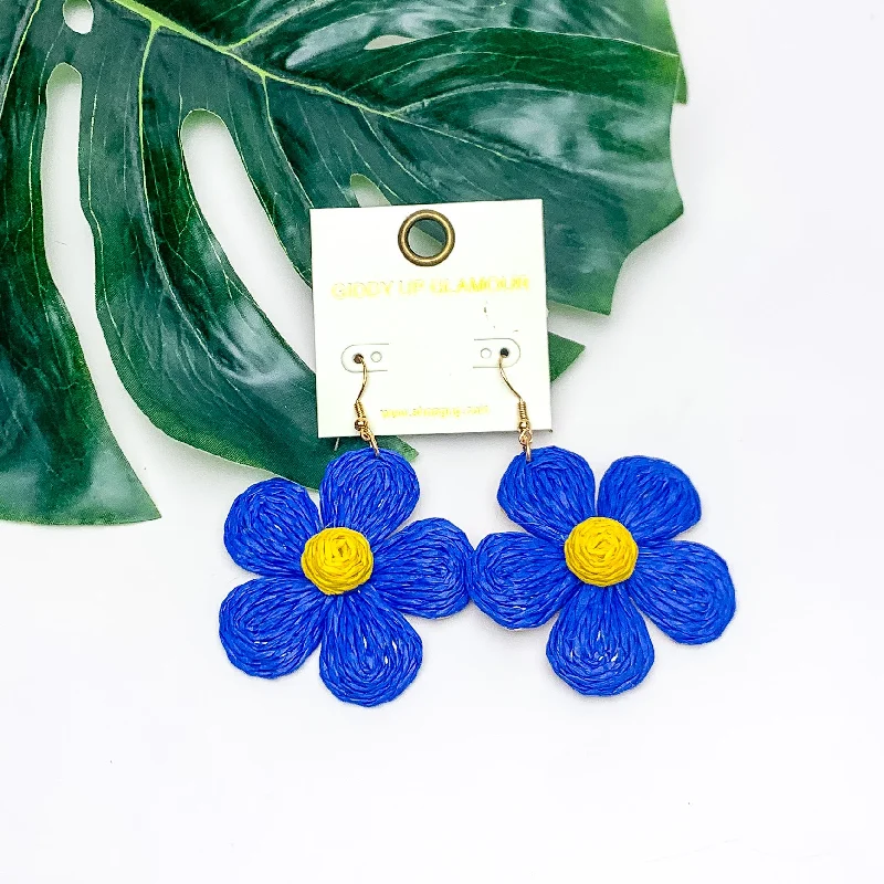 Hoop earrings with a matte finish for a sleek and sophisticated appearance-Darling Daisy Raffia Wrapped Flower Earrings in Blue