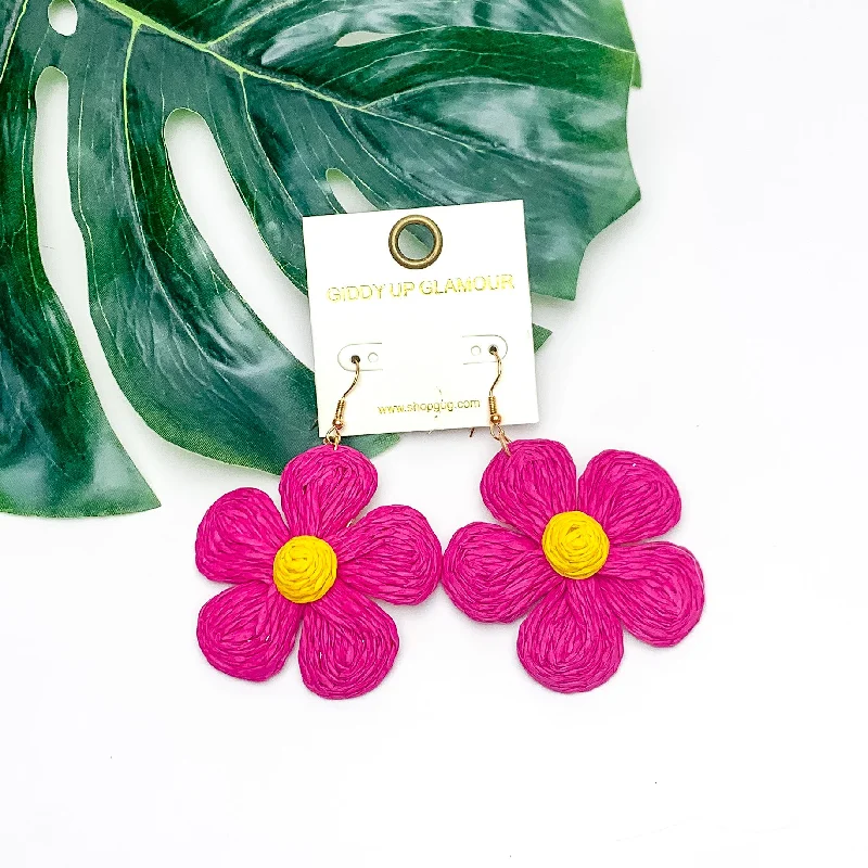 Hoop earrings with open designs for a modern, lighthearted vibe-Darling Daisy Raffia Wrapped Flower Earrings in Hot Pink