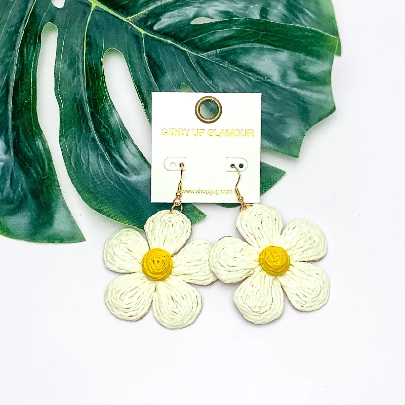 Hoop earrings with dangling charms for a playful and fun look-Darling Daisy Raffia Wrapped Flower Earrings in Ivory