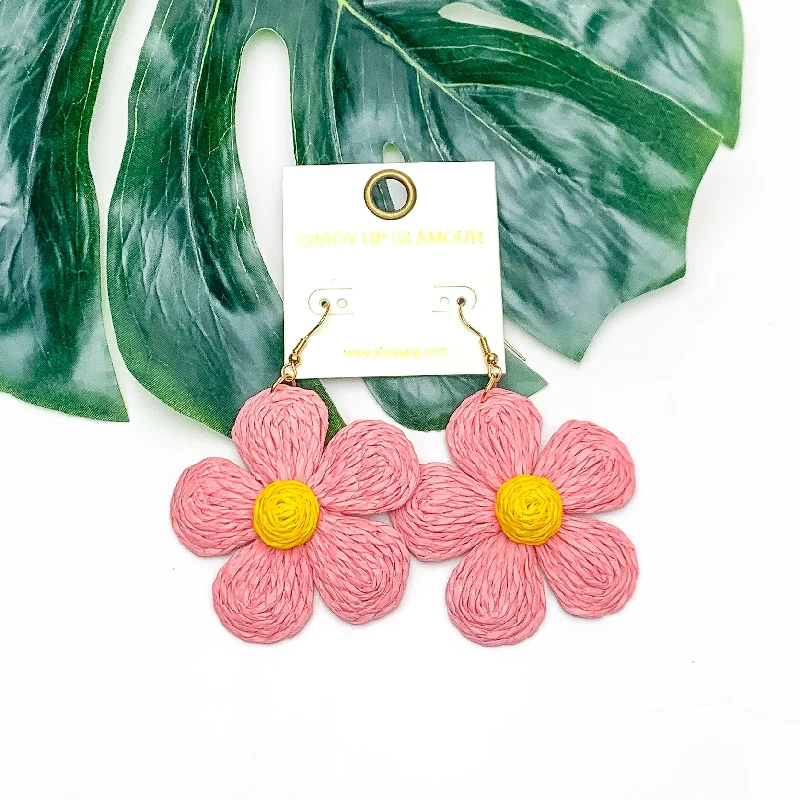 Best hoop earrings with oval shapes for a unique and elongated design-Darling Daisy Raffia Wrapped Flower Earrings in Pink