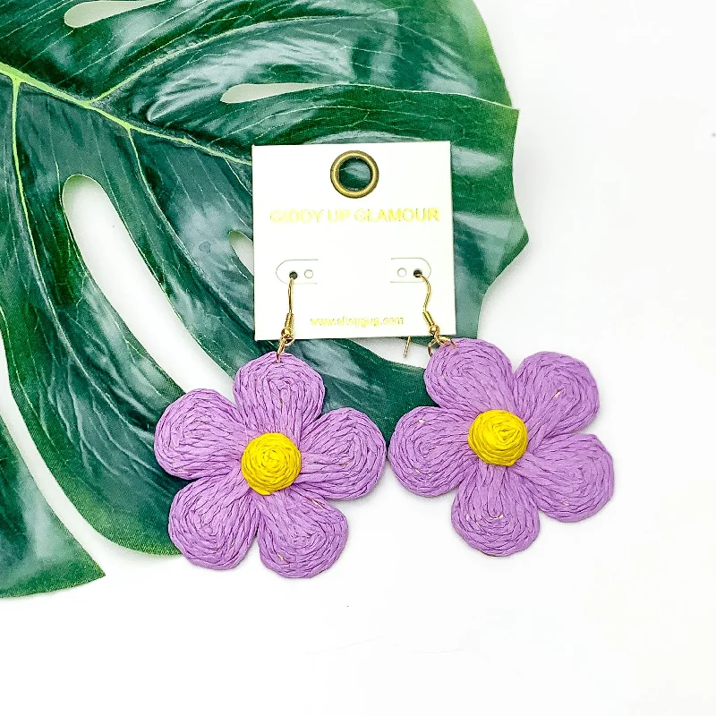 Best hoop earrings with twisted rope designs for a nautical-inspired style-Darling Daisy Raffia Wrapped Flower Earrings in Purple