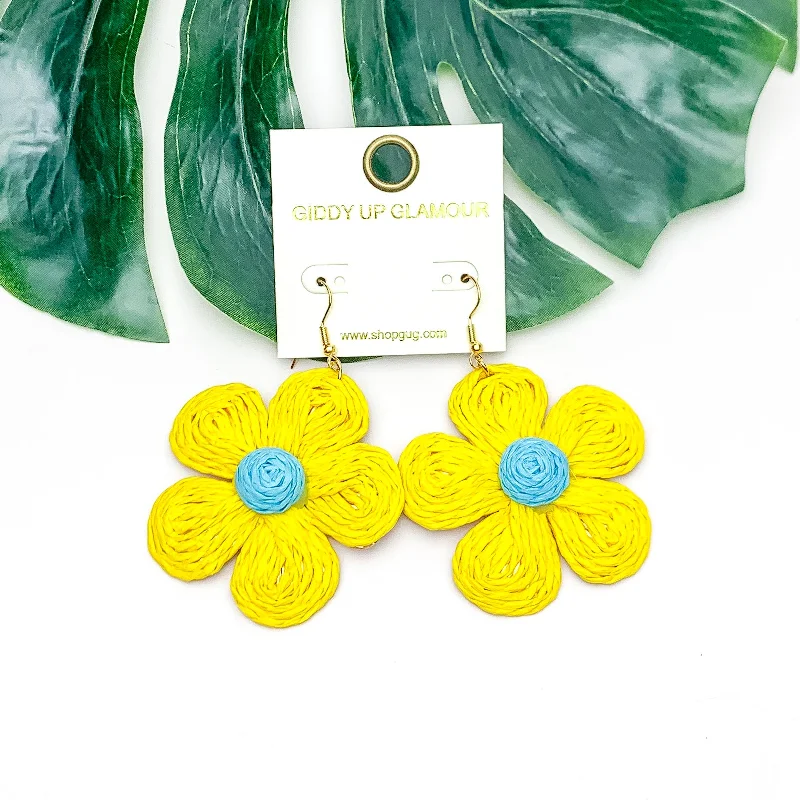 Hoop earrings with rhinestone embellishments for a glamorous and sparkling look-Darling Daisy Raffia Wrapped Flower Earrings in Yellow