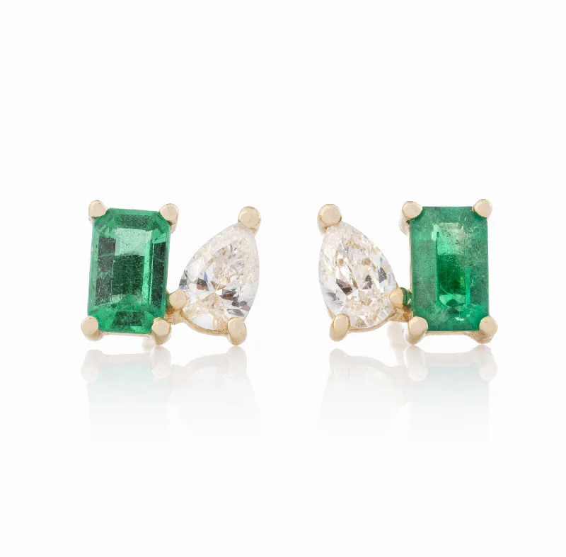 Lightweight hoop earrings for comfortable and all-day wear-Moi Et Toi Emerald Cut Emerald and Pear Shaped Diamond Studs