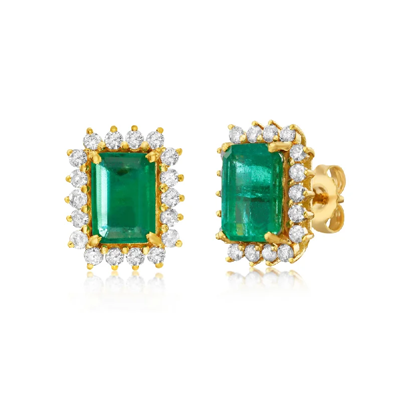 Best hoop earrings with minimalist designs for a clean and modern aesthetic-Emerald Cut Emerald With Diamond Halo Earrings (4.50 ct.) in 14K Gold