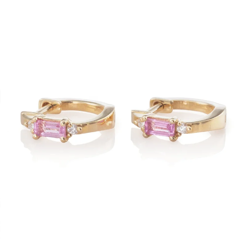 Hoop earrings with heart-shaped frames for a romantic and feminine look-Emerald Cut Pink Sapphire Huggies