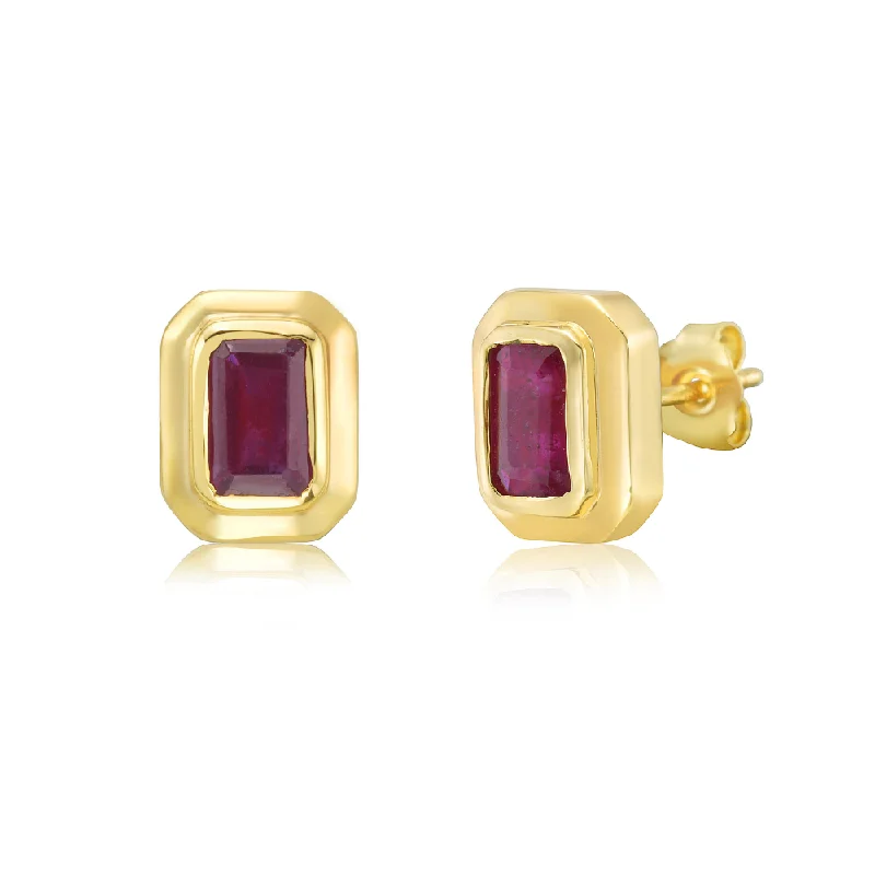 Hoop earrings with heart-shaped frames for a romantic and feminine look-Emerald Cut Ruby Studs Bezel Setting Earrings (1.75 ct.) in 14K Gold