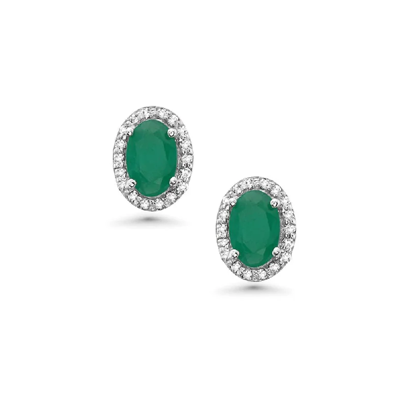 Best hoop earrings with geometric pendants for a modern, chic appeal-Emerald Oval Shape Halo Diamonds Studs Earrings (2.44 ct.) in 14K Gold