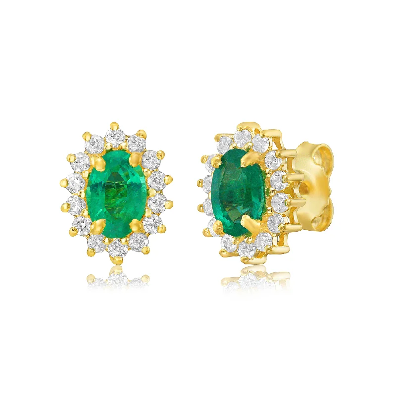 Best hoop earrings with vintage rhinestone embellishments for a retro-glam effect-Emerald Oval Shape With Halo Diamonds Studs Earrings (1.10 ct.) in 14K Gold