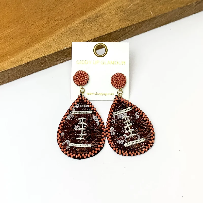 Hoop earrings with rhinestone-studded rims for a glamorous touch-Football Teardrop Beaded Earrings With Sequins in Brown