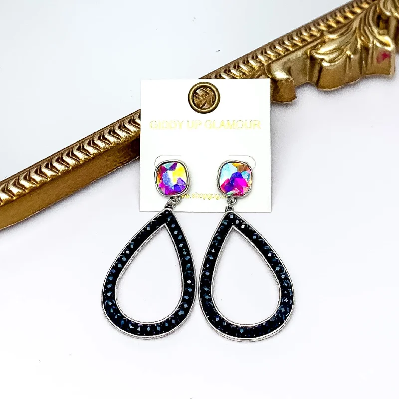 Hoop earrings with a chunky design for a bold and trendy statement-Glass Beaded Teardrop Post Earrings with AB Crystal in Black