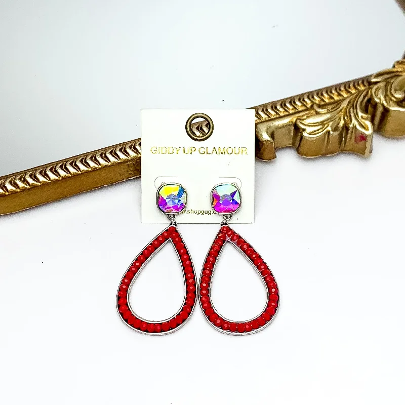 Small hoop earrings for a delicate and understated everyday wear-Glass Beaded Teardrop Post Earrings with AB Crystal in Red