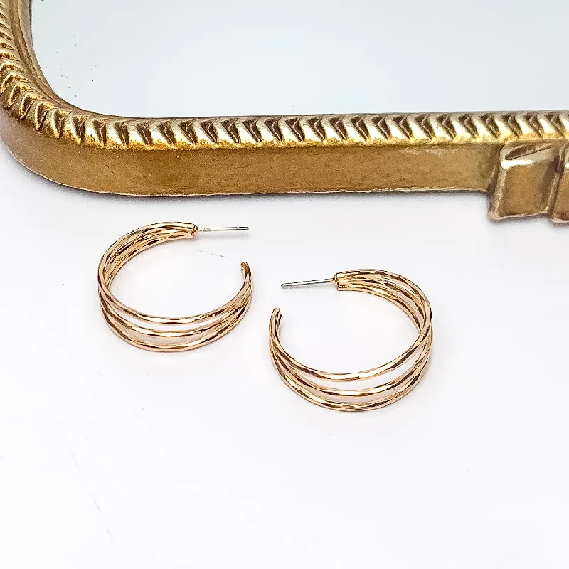 Hoop earrings with intricate designs for a unique and artistic appearance-Good Karma Medium Triple Hoop Earrings in Gold Tone