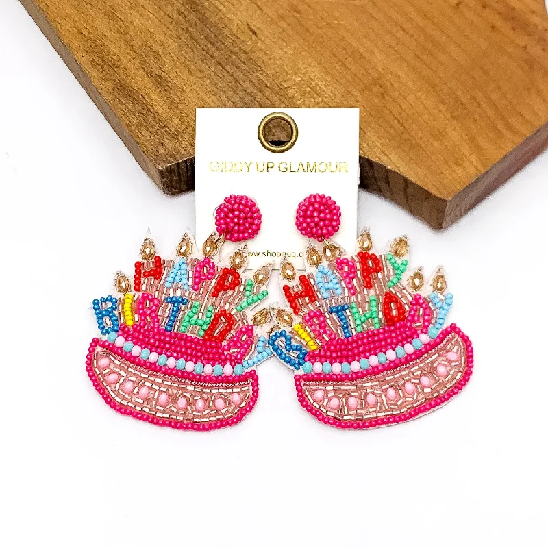 Hoop earrings with twisted leather for a chic and modern boho look-Happy Birthday Cake Beaded Earrings in Pink